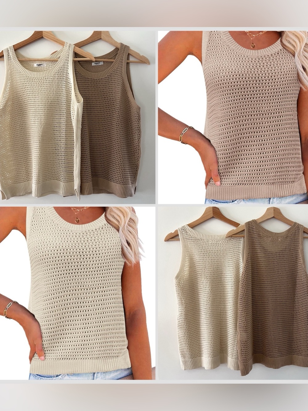 Amazon Pair of Beige and Taupe Crochet Knit Tank Tops